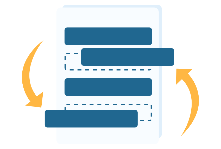 karriere tutor® Ein Dokument mit blauen Textblöcken und dynamischen orangefarbenen Pfeilen veranschaulicht den Prozessablauf und erinnert an den strukturierten Ansatz von karriere tutor® zur Anleitung der beruflichen Entwicklung.